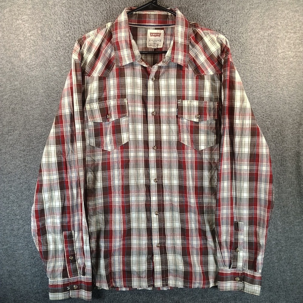 Levi's Shirt Men XL Red Beige Plaid Flannel Western Pearl Snap Double Pocket